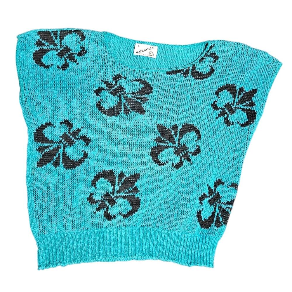 Vtg Waterville Pullover Sweater Vest 80s Fleur-De-Lis Turquoise USA Knit Size L